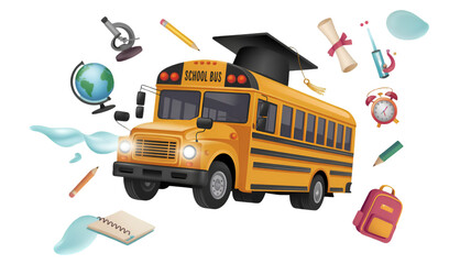 School Bus with Graduation Cap and School Supplies