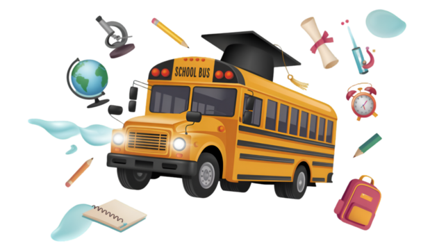 School Bus with Graduation Cap and School Supplies
