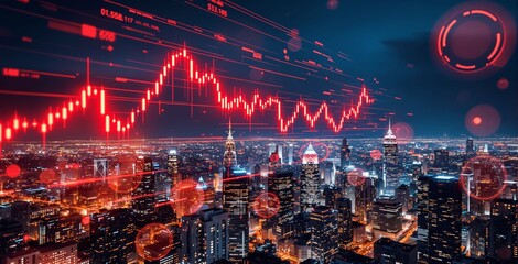 Futuristic stock market chart overlay on glowing city skyline at night representing high-tech financial business and investment concept in red tones. Ai generative