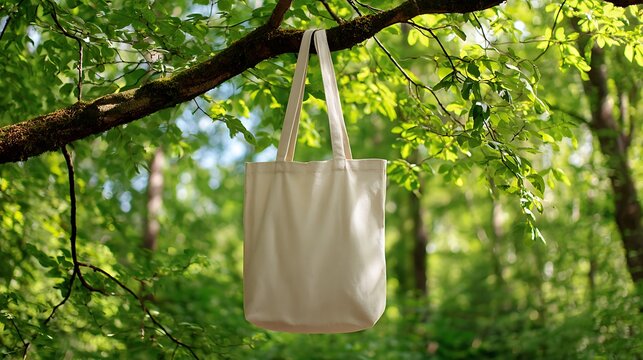 Nice photo of beige tote recycle bag hanging from a tree branch in a lush green forest on a bright sunny day outdoors. - Powered by Adobe