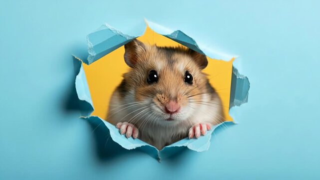 Curious Hamster Peeking Through Hole - An adorable hamster looks curiously at the camera from a hole torn in a light blue piece of paper.