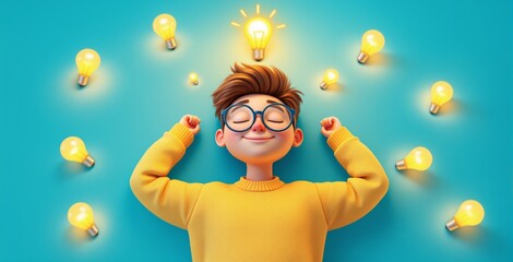 Happy child surrounded by glowing lightbulbs symbolizing creativity and inspiration on blue background in colorful cartoon style concept image. Ai generative