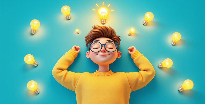 Happy child surrounded by glowing lightbulbs symbolizing creativity and inspiration on blue background in colorful cartoon style concept image. Ai generative - Powered by Adobe