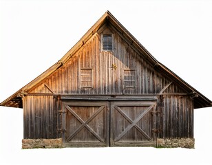 a weathered wooden barn with a gambrel roof and double doors isolated against a white background view