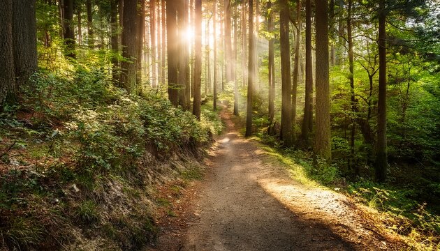 a dirt path through the forest with sunlight filtering through evoking serenity and invite for exploration