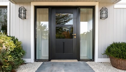 this classy modern farmhouse entrance showcases an aluminum framed door with sleek black glass white walls wood accents and beautifully arranged light grey floor tiles