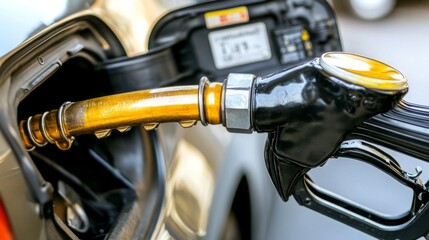 Fototapeta premium Pouring yellow oil from a gas pump nozzle fuel station close-up shot urban environment detailed view energy concept for seo impact