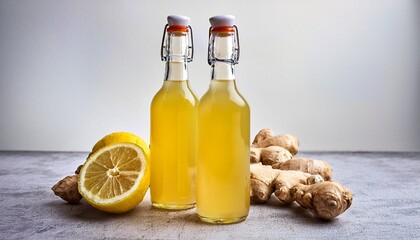 immune ginger energy shot drink bottles with fresh raw ginger root and lemon on light background macro