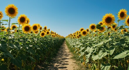 Obraz premium A picturesque dirt path winding through an expansive field of vibrant yellow sunflowers basking under a clear blue summer sky, symbolizing growth and natural beauty