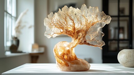 Artistic sculpture resembling a tree form made from delicate translucent material in a sunlit room photo
