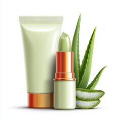 Tube of creams with aloe vera and lipstick with aloe vera on white background. Flat illustration of set for face beauty.