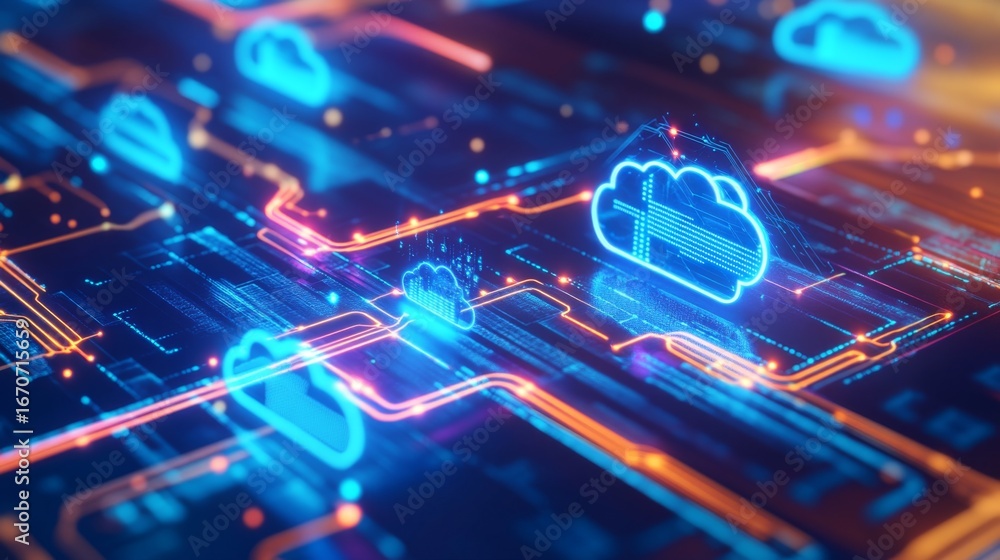 Aufkleber connecting digital cloud computing paths virtual environment close-up view technology concept