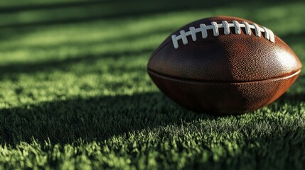 Obraz premium Closeup of an american football on a green field sports action outdoor environment ground level view for enhanced detail and seo impact