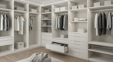 Modern minimalist walk-in closet design with organized clothing and storage solutions