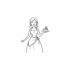 Woman celebrating birthday with cake and candles on festive background  