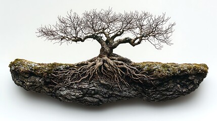Beautiful and artistic photo of a mature tree with exposed roots and bark presented isolated on white