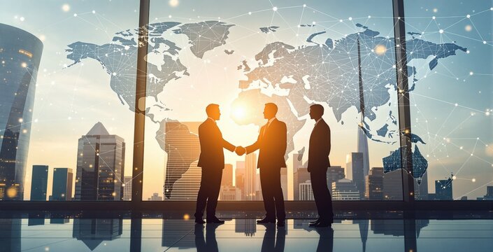 Global business concept with silhouettes of businessmen shaking hands in front of world map and city skyline at sunset in digital connection theme. Ai generative