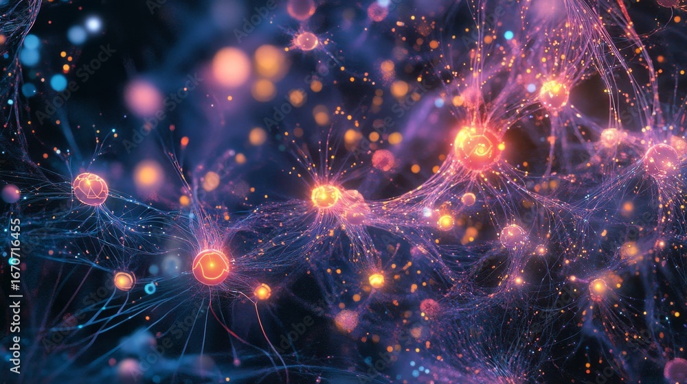 Poster exploring a conceptual digital network of interconnected glowing nodes in a virtual environment arti