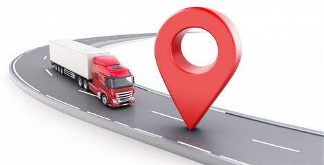 Red semi-truck driving on curved road with large red map pin symbolizing GPS tracking and logistics concept on white background. Ai generative. Ai generative