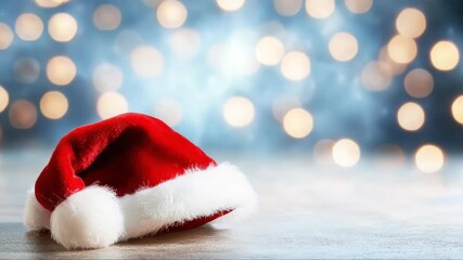 Festive red Santa hat resting on wooden surface with soft glowing christmas lights creating warm, blurred bokeh background capturing holiday magic and seasonal cheer - Powered by Adobe