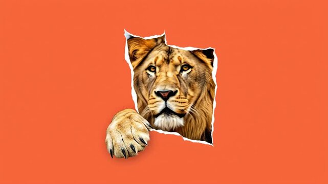 Playful Lion Peeking Through Torn Paper - A majestic lion playfully peeks through a torn piece of paper against a vibrant orange background.