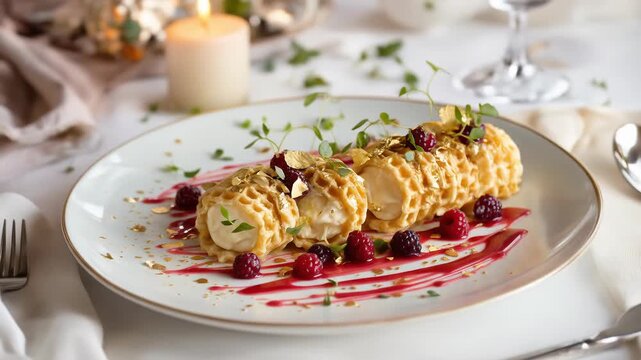 Krumkake, a traditional Norwegian dessert, is elegantly plated with fresh raspberries and a drizzle of raspberry sauce.