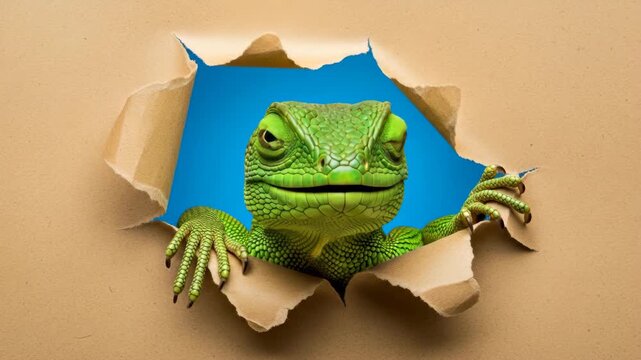 Funny Green Lizard Peeking Through Torn Paper - A vibrant green lizard playfully peeks through a torn piece of tan paper against a bright blue background.