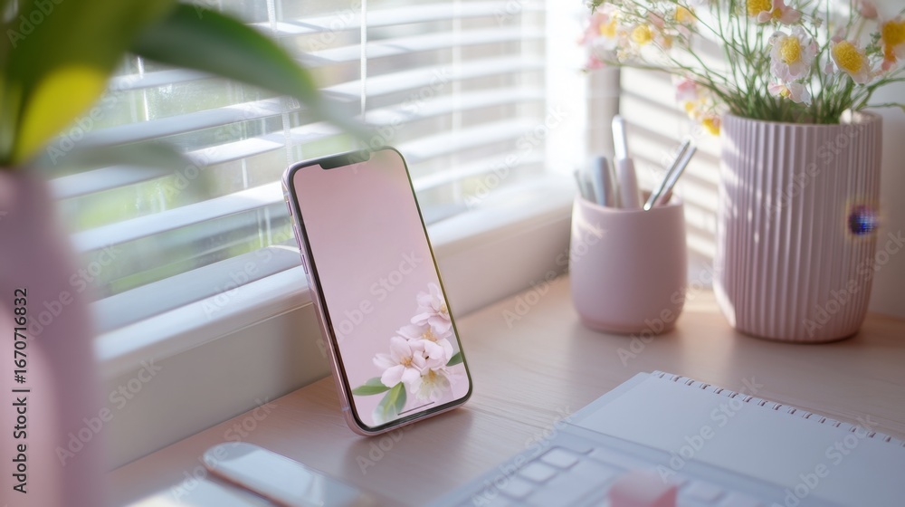 Poster creating a cozy workspace with a phone mockup on a desk by the window for enhanced productivity and 