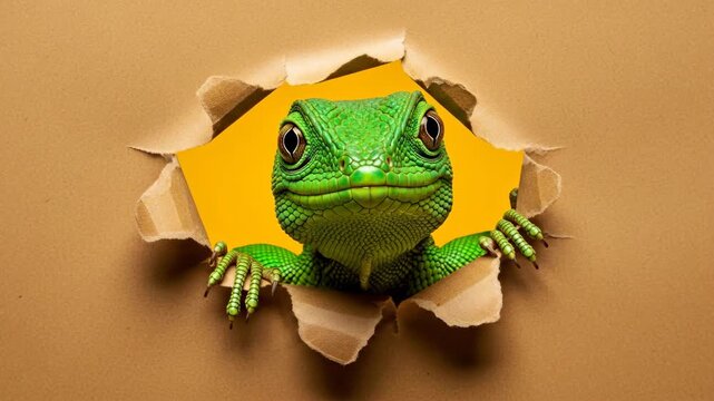 Funny Green Lizard Peeking Through Torn Paper - A vibrant green lizard playfully peeks through a hole in a piece of brown paper against a bright yellow background.