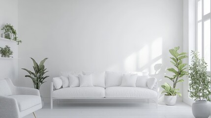 White living room interior design ideas minimalist home decor plants sofa armchair window light
