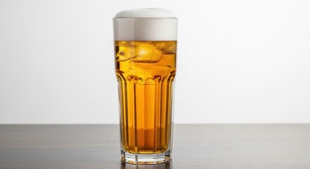 Tall glass of chilled amber beer with foamy head on wooden surface