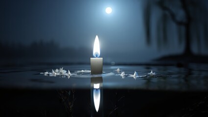 A single candle flame burns brightly in the darkness of the night