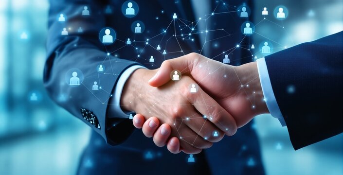 Business partnership handshake with network connection concept and digital icons on abstract blue background symbolizing cooperation and communication. Ai generative