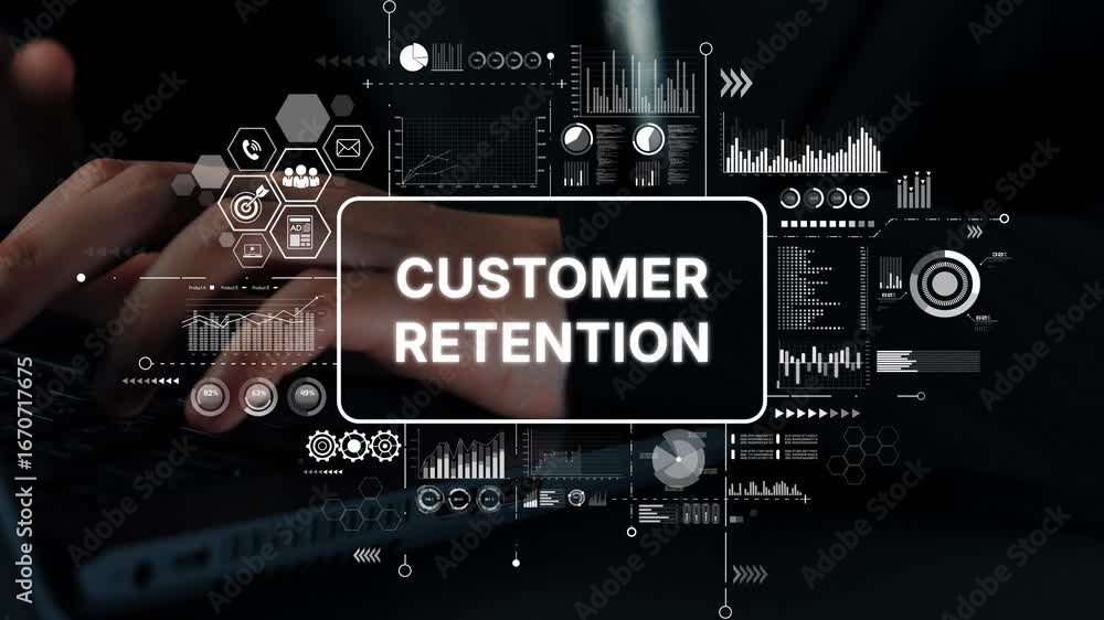 Aufkleber businessman analyzing customer retention strategies with data visualization and keyboard interaction