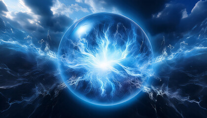a dynamic blue energy orb pulsating in a stormy sky surrounded by swirling dark clouds and electric currents
