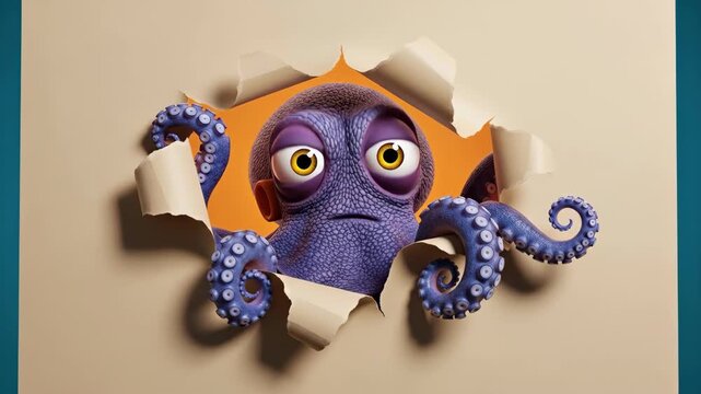 Playful Octopus Peeking Through Torn Paper - A cheerful cartoon octopus playfully emerges from a hole in a beige piece of paper, set against a muted orange and teal background.