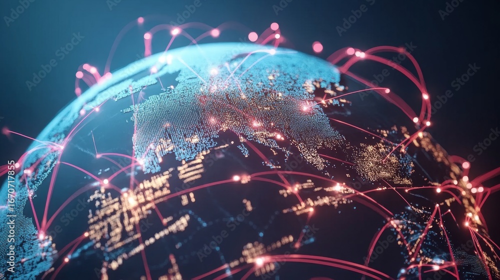 Aufkleber connecting the world a digital globe illuminated by luminous lines global network virtual space mode