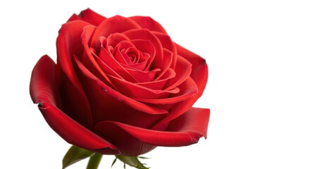 A close up of a vibrant red rose blooming against a clean white background in the studio