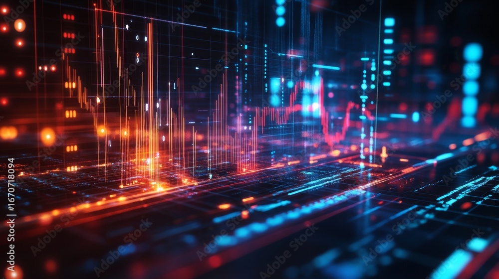 Poster creating a digital finance design with glowing symbols in a high-tech environment for enhanced user 