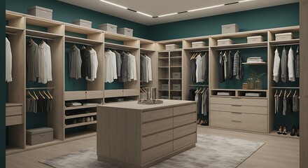 Organized walk-in closet with sleek wooden cabinetry and curated clothing displays