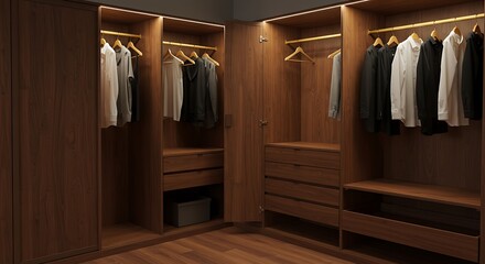 Modern walk-in closet with organized clothing, drawers, and warm ambient lighting for a stylish home.