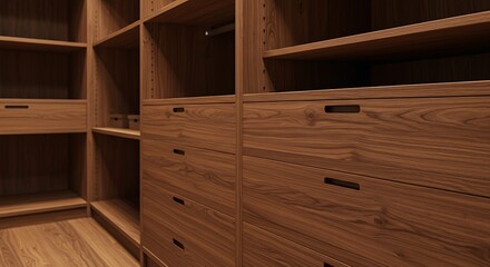 Luxurious walnut wood closet system with sleek drawers and shelving, offering elegant modern storage solutions
