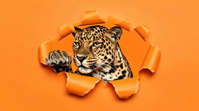 Playful Panther Peeking Through Torn Orange Paper - A leopard's head and paw playfully emerge from a hole in vibrant orange paper, creating a dynamic and attention-grabbing video.