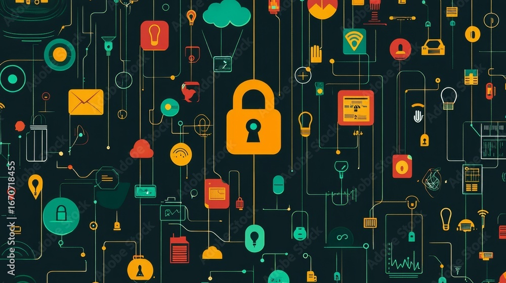 Poster securing the future a digital lock navigating a tech matrix virtual environment graphic design futur