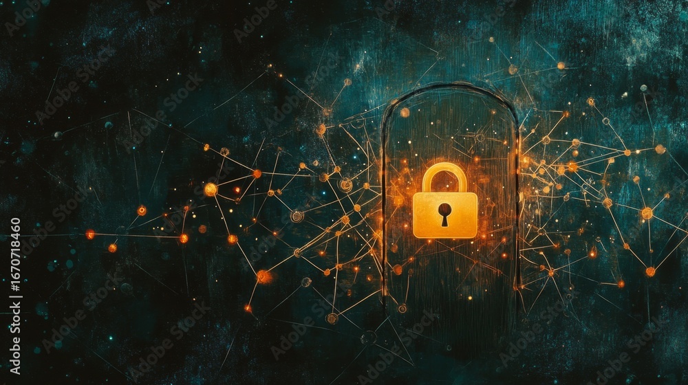 Poster illuminated digital lock symbolizing security virtual space graphic design dark environment digital 