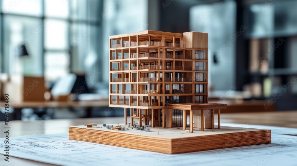 Poster creating a digital rendering of a wooden office model in a modern workspace environment for architec