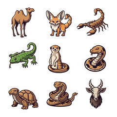 Obraz premium Desert Wildlife Collection: A vibrant illustration captures nine diverse desert creatures, showcasing the unique beauty and character of each animal against an implied barren landscape.