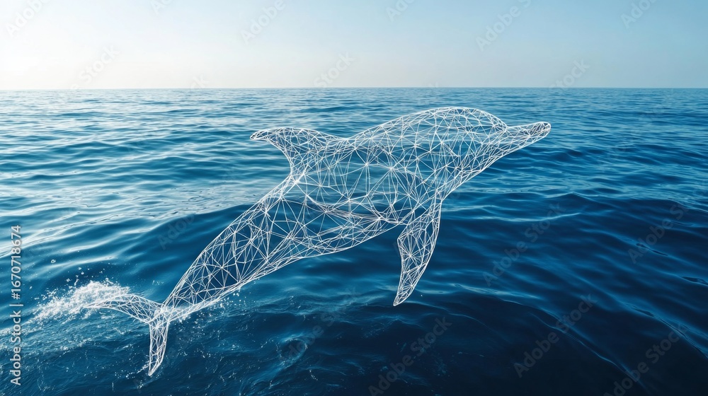 Poster creating a geometric dolphin outline in a serene ocean setting for modern art enthusiasts