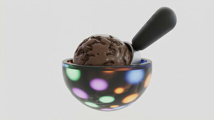 Chocolate ice cream served in a bowl with a spoon