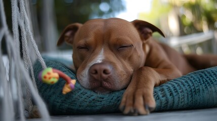 Adorable Brown Pitbull Puppy Sleeping Peacefully on Teal Knitted Blanket